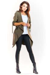 Khaki Dłuższy Żakiet-Narzutka z Podpinanym Rękawem. Brązowe marynarki i żakiety Awama, l, bez wzorów, z elastanu, bez ramiączek. Za 239.90 zł.