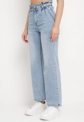 Niebieskie Spodnie Jeansy z Wysokim Stanem i Szerokimi Nogawkami Quicia. Niebieskie jeansy Born2be, s, bez wzorów, z jeansu, eleganckie, z podwyższonym stanem. Za 129.99 zł.