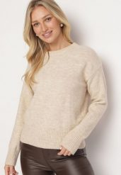 Beżowy Sweter o Klasycznym Fasonie z Wełną Avartissa. Brązowe swetry Born2be, na zimę, bez wzorów, z wełny, klasyczne, bez ramiączek. W wyprzedaży za 127.49 zł.