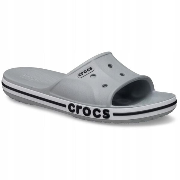 Klapki Dla Dorosłych Crocs Bayaband Slide. Szare klapki Crocs, bez wzorów, z materiału, bez obcasa, bez zapięcia. Za 129.99 zł.