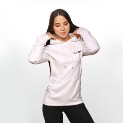 Bluza damska fitness z kapturem biała PRO Hoodie. Białe bluzy GYMBEAM, xs, bez wzorów, z bawełny, bez ramiączek, z kapturem. Za 88.90 zł.
