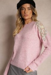 Różowy Sweter z Przezroczystymi Wstawkami z Cyrkoniami Perełkami i Cekinami z Wełną Tiarinae. Czerwone swetry Renee, bez wzorów, z jeansu, biznesowe, bez ramiączek. W wyprzedaży za 143.99 zł.