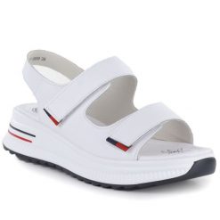 Sandały damskie na koturnie na rzep białe eVento 9999. Białe sandały eVento, bez wzorów, ze skóry ekologicznej, bez obcasa, na koturnie, bez zapięcia. Za 179.99 zł.