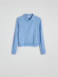 Sweter polo z domieszką wełny - jasnoniebieski. Niebieskie swetry Reserved, l, bez wzorów, z dzianiny, bez ramiączek. W wyprzedaży za 69.99 zł.