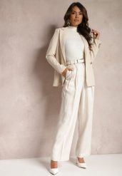 Jasnobeżowe Szerokie Spodnie High Waist z Kieszeniami Keanne. Brązowe jeansy Renee, m, bez wzorów, z jeansu, z podwyższonym stanem. W wyprzedaży za 111.99 zł.
