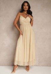 Beżowa Sukienka Koktajlowa Ozdobiona Tiulowym Materiałem Deviora. Brązowe sukienki Renee, na co dzień, m, bez wzorów, z tiulu, eleganckie, bez kołnierzyka, bez ramiączek, maxi. W wyprzedaży za 83.99 zł.