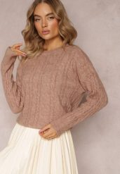Ciemnobeżowy Sweter z Okrągłym Dekoltem i Splotem w Warkocze Dawnitta. Brązowe swetry Renee, bez wzorów, z dzianiny, casualowe, bez ramiączek. W wyprzedaży za 71.99 zł.