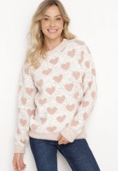 Różowo-Beżowy Sweter z Wełną o Prostym Kroju Zdobiony Wzorem w Serca Zenina. Czerwone swetry Born2be, na zimę, m, z aplikacjami, z wełny, bez ramiączek. W wyprzedaży za 59.49 zł.