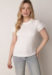 Biały Bawełniany T-shirt z Koronkowymi Rękawami Carilynore. Białe t-shirty Born2be, m, bez wzorów, z bawełny, eleganckie, bez kołnierzyka, bez ramiączek. Za 59.99 zł.