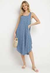 Niebieska Rozkloszowana Sukienka z Bawełny w Abstrakcyjny Wzór Ronive. Niebieskie sukienki Born2be, na co dzień, l, bez wzorów, z bawełny, eleganckie, bez kołnierzyka, bez ramiączek, midi, rozkloszowane. W wyprzedaży za 46.74 zł.