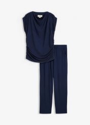 Bluzka i spodnie (2 części) z mieszanki wiskozy. Niebieskie kombinezony bonprix, bez wzorów, z wiskozy, bez kołnierzyka, bez ramiączek. Za 147.99 zł.