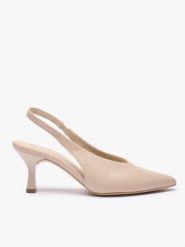 Beżowe czółenka slingback bez pięty ze skóry licowej. Brązowe czółenka Ryłko, bez wzorów, z gumy, wizytowe, bez obcasa, na obcasie, bez zapięcia. Za 379.99 zł.