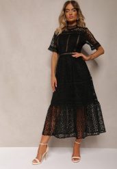 Czarna Rozkloszowana Sukienka Maxi Ażurowa z Falbanką Ranilette. Czarne sukienki Renee, s, w ażurowe wzory, eleganckie, bez kołnierzyka, bez ramiączek, maxi, rozkloszowane. W wyprzedaży za 143.99 zł.