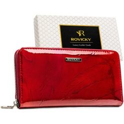 Duży portfel damski na suwak czerwony lakierowany ze skóry naturalnej i ekologicznej RFID STOP Rovicky RPN-25-YM. Czerwone portfele ROVICKY, bez wzorów, z lakierowanej skóry. Za 63.99 zł.