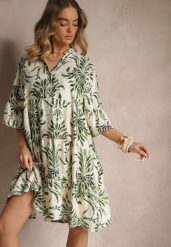 Zielono-Beżowa Sukienka z Lnem o Rozkloszowanym Kroju Zdobiona Metalicznym Nadrukiem Filinwena. Zielone sukienki Renee, l, z aplikacjami, bez kołnierzyka, bez ramiączek, mini, rozkloszowane. Za 89.99 zł.