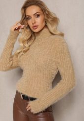 Beżowy Golf z Puchatego Materiału z Wełną i Długim Rękawem Geolla. Brązowe swetry Renee, na jesień, bez wzorów, z wełny, bez ramiączek. Za 39.99 zł.