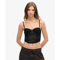 Top koronkowy w stylu midi z satyny. Czarne bielizna termoaktywna damska Superdry, bez wzorów, z koronki, bez ramiączek. Za 284.00 zł.