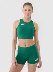 4F Biustonosz treningowy ze średnim wsparciem damski - zielony L. Zielone biustonosze sportowe 4f, bez wzorów, z dzianiny, do biegania. Za 129.99 zł.