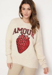Jasnobeżowy Sweter z Napisem i Truskawką w Cekiny z Domieszką Wełny Zozirya. Brązowe swetry Born2be, na jesień, l, z aplikacjami, z wełny, eleganckie, bez ramiączek. W wyprzedaży za 135.99 zł.