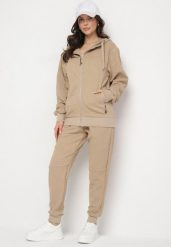 Ciemnobeżowy Komplet Dresowy Bluza z Kapturem i Joggery Rerialda. Brązowe bluzy z kapturem Born2be, l, bez wzorów, z dresówki, z kapturem. Za 139.99 zł.