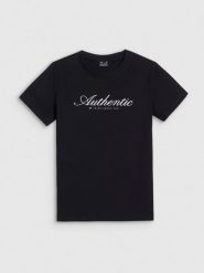 4F T-shirt regular z nadrukiem damski - czarny L. Czarne t-shirty 4f, l, bez wzorów, z bawełny, biznesowe, bez kołnierzyka, bez ramiączek. Za 59.99 zł.