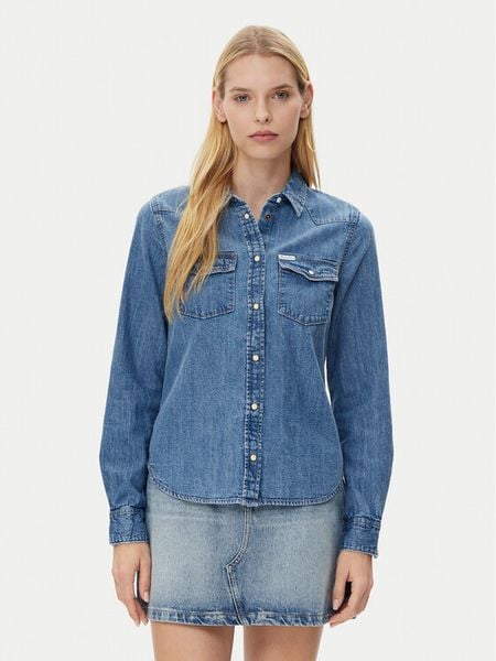 Guess Jeans Koszula W5RH35 D5M81 Niebieski Regular Fit. Niebieskie koszule Guess Jeans, m, z aplikacjami, z bawełny, bez kołnierzyka, bez ramiączek. Za 189.99 zł.
