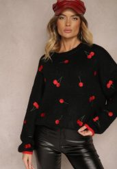 Czarny Sweter w Wisienki z Dodatkiem Wełny Eltintia. Czarne swetry Renee, m, bez wzorów, z wełny, casualowe, bez ramiączek. W wyprzedaży za 135.99 zł.
