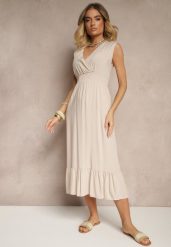 Beżowa Kopertowa Sukienka z Wiskozy Zdobiona Falbanką Ularisela. Brązowe sukienki Renee, na co dzień, l, z aplikacjami, z wiskozy, eleganckie, bez kołnierzyka, bez ramiączek, midi, kopertowe. W wyprzedaży za 55.99 zł.
