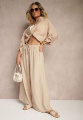 Beżowe Szerokie Spodnie High Waist Ozdobione Wiązaniem Telonia. Brązowe jeansy Renee, xl, bez wzorów, z jeansu, eleganckie, z podwyższonym stanem. W wyprzedaży za 29.99 zł.