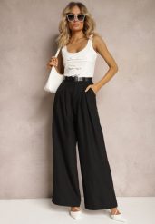 Czarne Spodnie Palazzo High Waist z Szerokimi Nogawkami i Paskiem z Metalową Klamrą Oinna. Czarne jeansy Renee, l, bez wzorów, z jeansu, biznesowe, z podwyższonym stanem. W wyprzedaży za 119.99 zł.