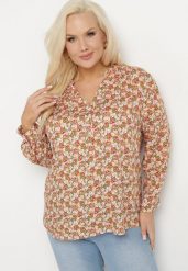 Pomarańczowa Bluzka z Wiskozy w Kwiaty Edilitia. Brązowe bluzki Born2be, xl, bez wzorów, z jeansu, eleganckie, bez kołnierzyka, bez ramiączek. W wyprzedaży za 38.24 zł.