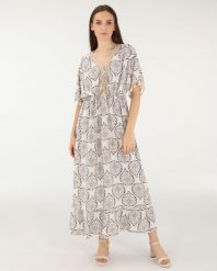 Beżowa wzorzysta sukienka. Brązowe sukienki Unisono, na imprezę, l, bez wzorów, z tkaniny, bez kołnierzyka, bez ramiączek, mini. Za 179.00 zł.