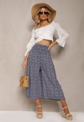 Granatowe Bawełniane Spodnie Culottes z Szeroką Gumką w Pasie i Kwiatowym Printem Pellagia. Niebieskie jeansy Renee, bez wzorów, z bawełny. W wyprzedaży za 29.99 zł.