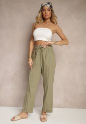 Ciemnozielone Spodnie z Bawełny High Waist z Wiązaniem Tyswia. Zielone jeansy Renee, bez wzorów, z bawełny, eleganckie, z podwyższonym stanem. W wyprzedaży za 35.99 zł.