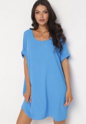 Niebieska Mini Sukienka z Krótkim Rękawem o Fasonie Nietoperza Kharson. Niebieskie sukienki Born2be, bez wzorów, boho, bez kołnierzyka, bez ramiączek, mini. Za 79.99 zł.