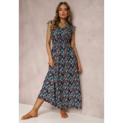 Granatowa Sukienka Lilina. Niebieskie sukienki Renee, m, bez wzorów, z tkaniny, wakacyjne, bez kołnierzyka, bez ramiączek, maxi, kopertowe. W wyprzedaży za 38.99 zł.