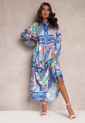 Niebieska Sukienka Maxi Oversize w Kolorowy Ornamentalny Wzór Stama. Niebieskie sukienki Renee, l, z aplikacjami, bez kołnierzyka, bez ramiączek, maxi, koszulowe. W wyprzedaży za 187.99 zł.