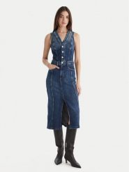 Guess Sukienka jeansowa W5BK40 D0615 Niebieski Regular Fit. Niebieskie sukienki Guess, l, z aplikacjami, z bawełny, bez kołnierzyka, bez ramiączek. Za 399.99 zł.