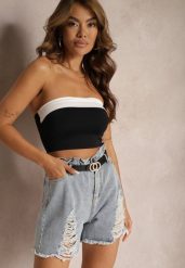 Jasnoniebieskie Bawełniane Szorty Jeansowe z Paskiem i Przetarciami High Waist Vikisona. Niebieskie szorty Renee, bez wzorów, z bawełny, eleganckie. W wyprzedaży za 55.99 zł.