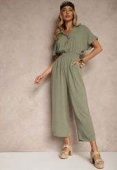 Zielony Wiskozowy Kombinezon z Dekoltem w Serek Zapinany na Guziki Anisora. Zielone sukienki Renee, na co dzień, l, bez wzorów, z wiskozy, eleganckie, bez kołnierzyka, bez ramiączek, mini, proste. W wyprzedaży za 63.99 zł.