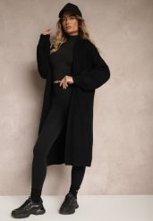 Czarny Nierozpinany Kardigan z Kapturem ze Ściągaczami przy Rękawach Giselda. Czarne swetry Renee, bez wzorów, eleganckie, bez ramiączek. W wyprzedaży za 95.99 zł.