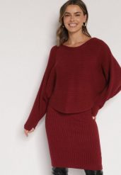 Bordowy Dzianinowy Komplet Prążkowany Sukienka i Sweter o Kroju Nietoperz Wederela. Czerwone swetry Born2be, m, bez wzorów, z dzianiny, eleganckie, bez ramiączek. Za 139.99 zł.