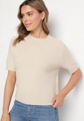 Beżowy Sweter z Wełną z Krótkim Rękawem Dannoria. Brązowe swetry Born2be, uniwersalny, bez wzorów, z jeansu, eleganckie, bez ramiączek. W wyprzedaży za 135.99 zł.