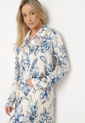 Biało-Niebieska Koszula z Wiskozą Ozdobiona Kwiatami Fenelea. Niebieskie koszule Born2be, l, bez wzorów, z jeansu, eleganckie, bez kołnierzyka, bez ramiączek. W wyprzedaży za 93.49 zł.