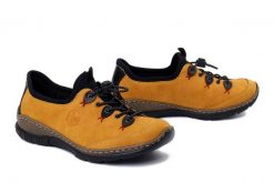 RIEKER N3271-68 yellow combination, półbuty damskie. Żółte półbuty wsuwane Rieker, bez wzorów, z gumy, bez obcasa. Za 349.90 zł.