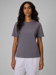 4F T-shirt regular gładki damski - szary S. Szare t-shirty 4f, s, bez wzorów, z materiału, bez kołnierzyka, bez ramiączek. W wyprzedaży za 39.99 zł.