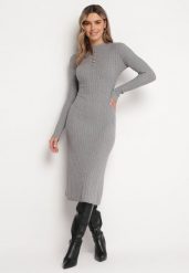 Szara Sweterkowa Sukienka Midi z Wełną i Rozkloszowanym Dołem Izorine. Szare sukienki Born2be, s, bez wzorów, z dzianiny, bez kołnierzyka, bez ramiączek, midi, rozkloszowane. W wyprzedaży za 67.99 zł.