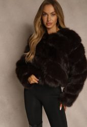 Brązowa Futrzana Kurtka o Krótkim Kroju Zapinana na Haftki Alorith. Brązowe kurtki Renee, bez wzorów, z futra, eleganckie, bez kaptura. Za 299.99 zł.