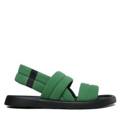 Sandały Fly London. Zielone sandały Fly London, bez wzorów, bez obcasa, na płaskiej podeszwie, bez zapięcia. Za 299.99 zł.
