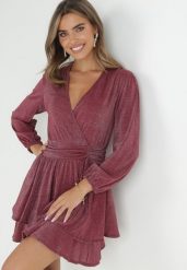 Bordowa Sukienka Rozkloszowana z Metaliczną Nitką Adine. Czerwone sukienki Born2be, na imprezę, l, bez wzorów, eleganckie, bez kołnierzyka, bez ramiączek, mini, rozkloszowane. W wyprzedaży za 139.99 zł.